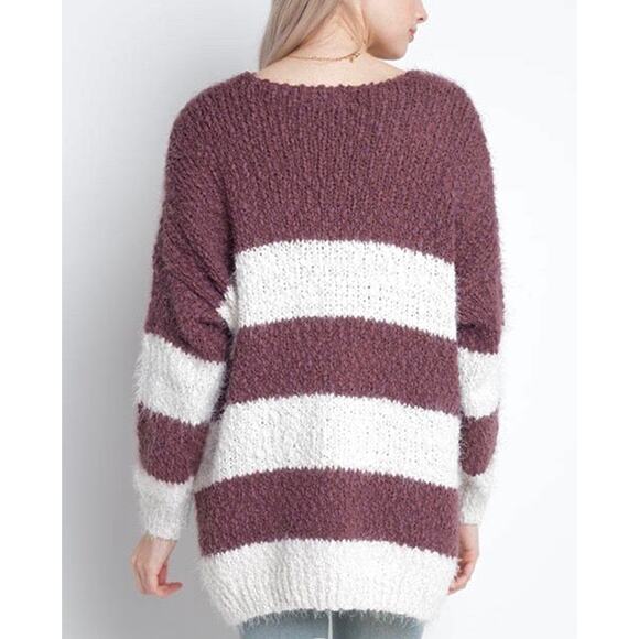 Dreamers Striped Fuzzy Pullover Sweater, Plum & Ivory Soft Cozy Knit V-Neck S/M - Picture 2 of 5